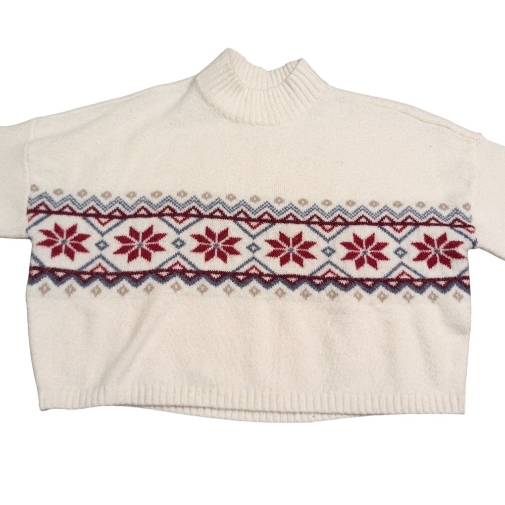 Hollister Fair Isle Snowflake Mock Neck Sweater Cream‎ Red XS